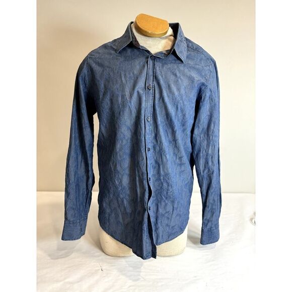 Ted Baker Blue Button Down Shirt Contrast Collar Chambray Floral - Men Size 16 - Picture 1 of 10